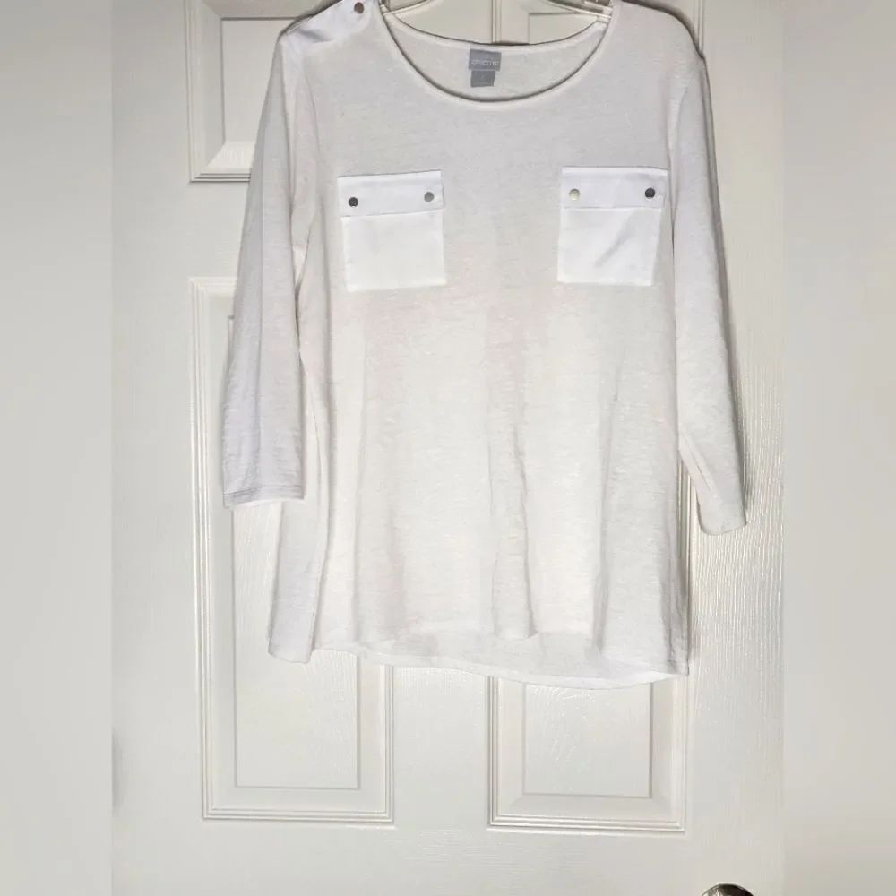 Chico's 2/L LINEN Blend White Scoop Neck 3/4 Sleeves Shoulder Straps Women Top